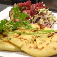 Shrimp & Cheese & Pupusa · Pupusa made with corn dough mixed with rice flour filled with shrimp, mozzarella cheese, and...