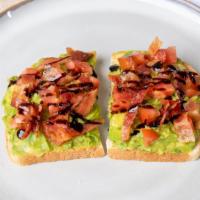 Bacon Avocado Love · Mashed avocado, diced tomatoes, bacon, balsamic vinegar glaze on sourdough toast