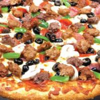 Large Combo · Our scratch dough topped with house red sauce, whole-milk mozzarella cheese, salami, peppero...