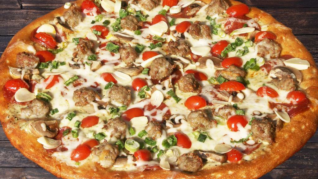 Medium Italian · Our scratch dough topped with house garlic sauce, whole-milk mozzarella. Pepperoni, Italian sausage, mushrooms, tomatoes, green onions, chopped garlic.