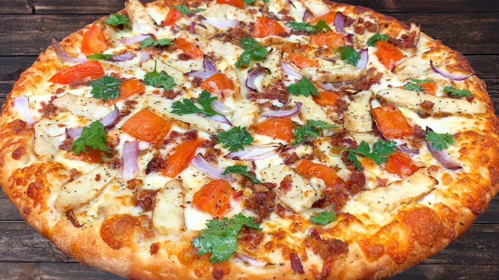 Small Chicken Bacon · Our scratch dough topped with garlic sauce, whole-milk mozzarella cheese, bacon, chicken, tomatoes, red onions and topped with fresh cilantro.