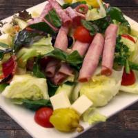 Chef Dinner Salad · Lettuce, ham, cucumber, tomatoes, cheese, olives, pepperoncini & carrots.