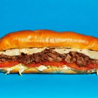 Cheesesteak Hoagie · Sliced steak with melted provolone, grilled onions, lettuce, tomato, and mayo on a hoagie ro...