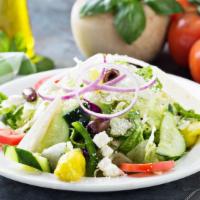 Greek Salad · Romaine hearts, tomatoes, cucumbers, red onions, black olives, feta cheese and house dressing.