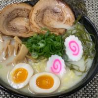R1. Tonkotsu Ramen · Roasted pork, boiled egg, bamboo shoots, fish cake, green onion,  roasted seaweed and bean s...