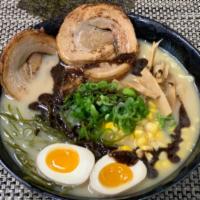 R4. Black Garlic Oil Ramen · Roasted pork, boiled egg, bamboo shoots, green  onion ,corn, roasted seaweed and bean sprout