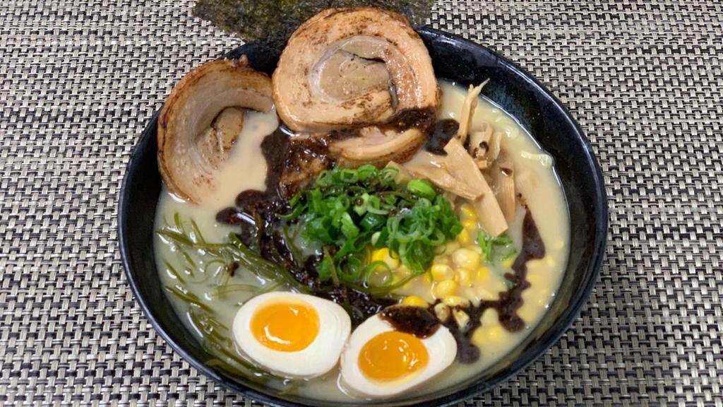 R4. Black Garlic Oil Ramen · Roasted pork, boiled egg, bamboo shoots, green  onion ,corn, roasted seaweed and bean sprout