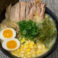 R13. Chicken Ramen  · grilled chicken ,boiled egg, green onion, corn, bamboo shots ,  roasted seaweed and bean spr...