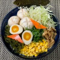 R12. Vegan Ramen · Mushroom, boiled egg, bamboo shoots, corn, green onion, cabbage ,roasted seaweed and beans s...