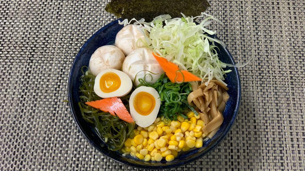 R12. Vegan Ramen · Mushroom, boiled egg, bamboo shoots, corn, green onion, cabbage ,roasted seaweed and beans sprout