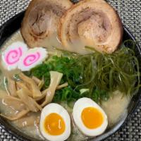 R3. Shoyu Ramen · Roasted pork, boiled egg, bamboo shoots, fish cake, and green onion, roasted seaweed and bea...