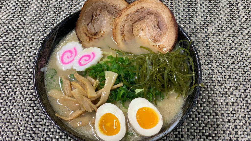 R3. Shoyu Ramen · Roasted pork, boiled egg, bamboo shoots, fish cake, and green onion, roasted seaweed and bean sprouts
