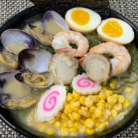 R8. Seafood Ramen · Shrimp, scallop, Venus clams, boiled egg, fish cake, corn, green onion, roasted seaweed and ...