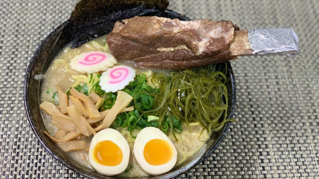 R5. Beef Rib Ramen · Beef rib, boiled egg, bamboo shoots, fish cake, green onion, roasted seaweed and bean sprout