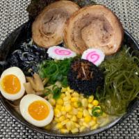 R7. Black King Ramen · Roasted pork, squid ink, boiled egg, bamboo shoots, fish cake, green onion,  roasted  seawee...