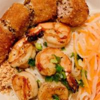 Grilled Shrimp & Egg Roll Noodle · Bun tom cha gio.