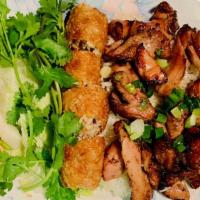 Grilled Chicken & Egg Roll Over Rice · Com ga cha gio.