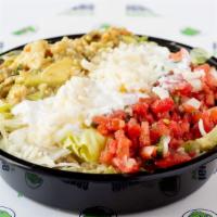 Naked Burrito Bowl · Meat, beans, rice, a bed of lettuce, fresh Salsa, guacamole, sour cream, and cheese.