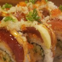 Masa Tanic (8pcs) · Our specialty. In: shrimp tempura, spicy tuna and cucumber, out: salmon, tuna, avocado, spic...