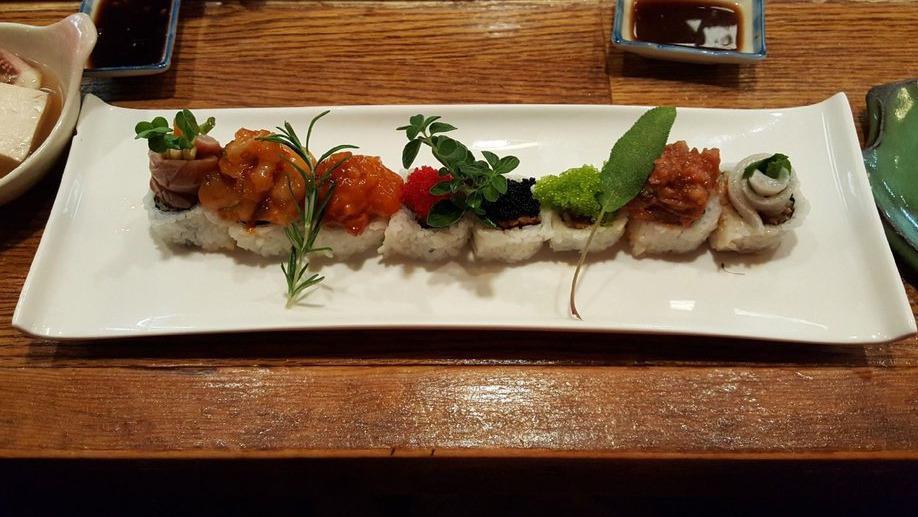 Masa Rainbow (8pcs) · In: spicy hamachi, cucumber and tempura flake, out: each single piece comes with chef's special topping.