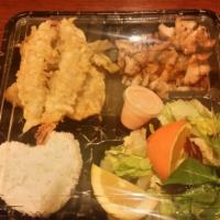 Combo A · Chicken teriyaki, shrimp & veg tempura, california, avocado or cucumber roll.