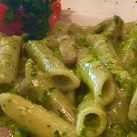 Penne Salsiccia · Pasta tubes, fresh tomato sauce, Italian sausage, spinach.