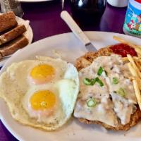 Chicken Fried Steak · Topped with mushroom gravy and scallions. Served with 2 eggs, potatoes and choice of toast.