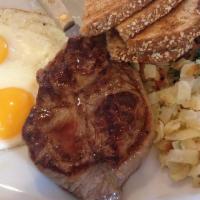 Steak and Eggs · Flame grilled with 2 eggs any style. Served with potatoes and a toasted bagel.
