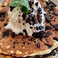 Oreo Cookie and Cream · Cookies and cream pancakes and fresh whipped cream.