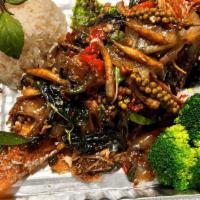 Red snapper Pad Cha*  · Whole Red snapper with extra spicy Thai spices sauce, finger root, young green peppercorn, b...