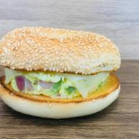 Veggie Egg & Cheese Bagel · Bagel with scrambled egg (cooked with diced bell peppers, onions and slice of tomato) and ch...
