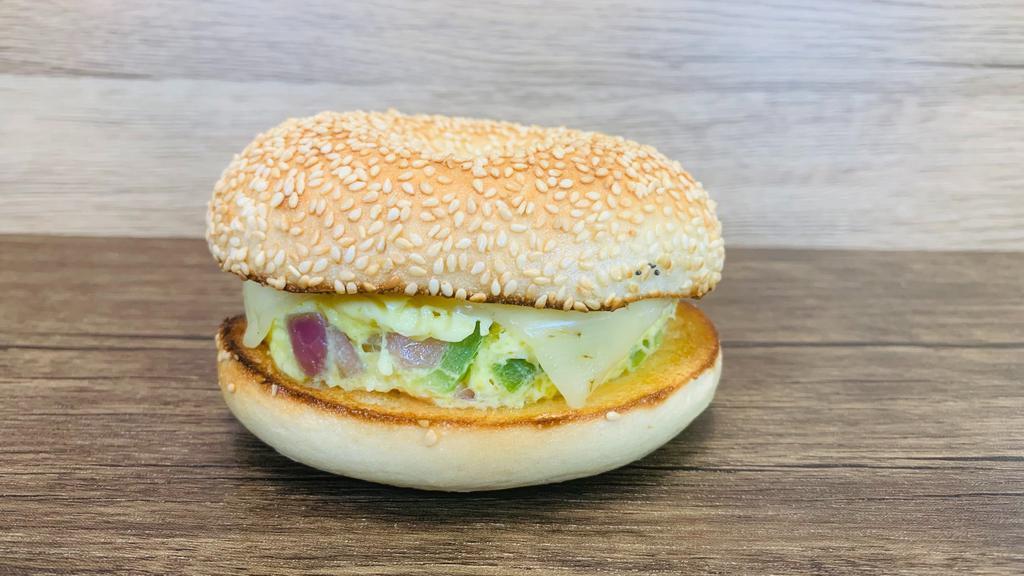 Veggie Egg & Cheese Bagel · Bagel with scrambled egg (cooked with diced bell peppers, onions and slice of tomato) and choice of cheese