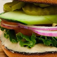 Hummus Sandwich · Bagel with hummus, mayo, mustard, lettuce, tomato, onion, cucumbers, pickles, and pepperonci...