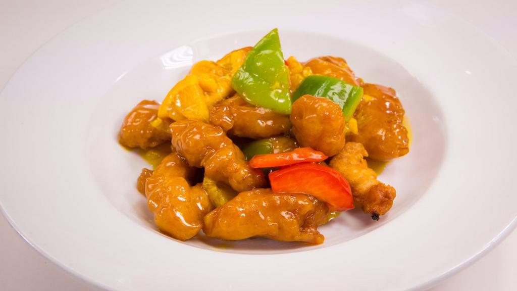 83. Orange Chicken · Battered and cooked in a sweet orange sauce.