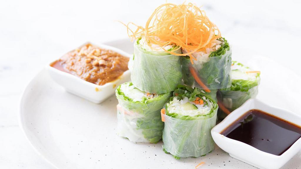 Garden Roll · Gluten-free. Rice noodle, mint, carrot, cabbage, lettuce and cucumber. Served with peanut and tamarind sauce.