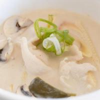 Tom Kha Gai (32oz bowl) · Coconut milk soup with chicken, lemongrass, galanga, 
baby corn, kiffir lime leaves, green o...