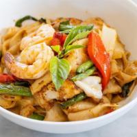 Pad Ke Mao* · Mild Spicy. Wide rice noodle with Prawns, onion, green beans, tomatoes, red bell pepper, Tha...