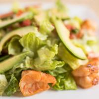 DF Prawns · With romaine lettuce, avocado, cilantro, onions, tomatoes and lime dressing.