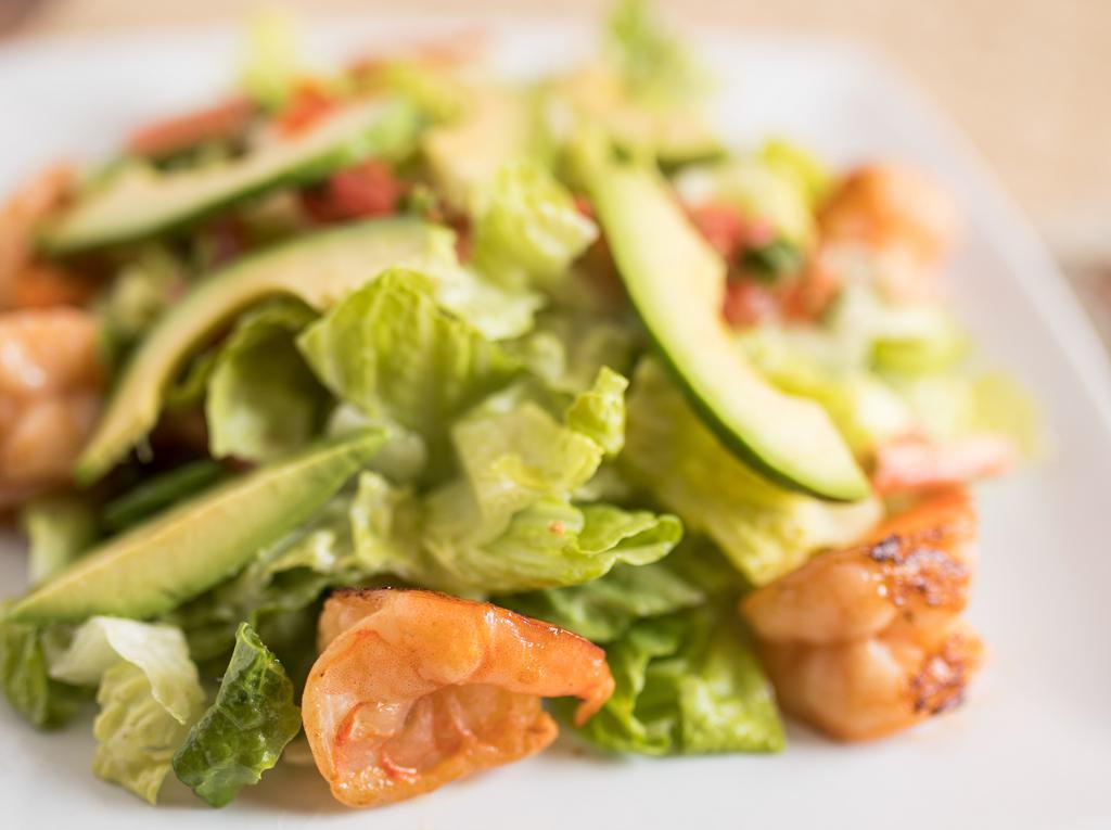 DF Prawns · With romaine lettuce, avocado, cilantro, onions, tomatoes and lime dressing.