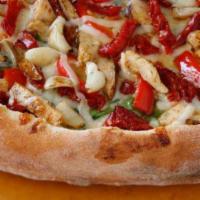 The Palermo · Roasted garlic sauce, artichoke hearts, chicken, sun-dried tomatoes, and green onions.