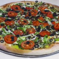 Greek Goddess Pizza (Monster) · Pesto, spinach, broccoli, black olives, feta cheese and garlic.