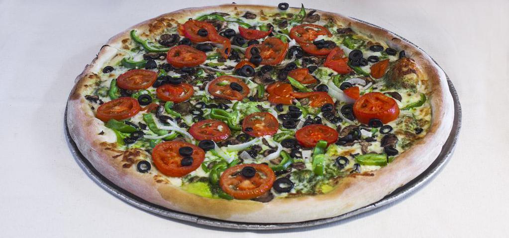 Greek Goddess Pizza (Monster) · Pesto, spinach, broccoli, black olives, feta cheese and garlic.