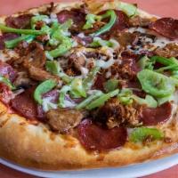 The Carnivore Pizza · Tomato sauce, mushrooms, onions, green bell peppers, sausage, salami, and pepperoni.