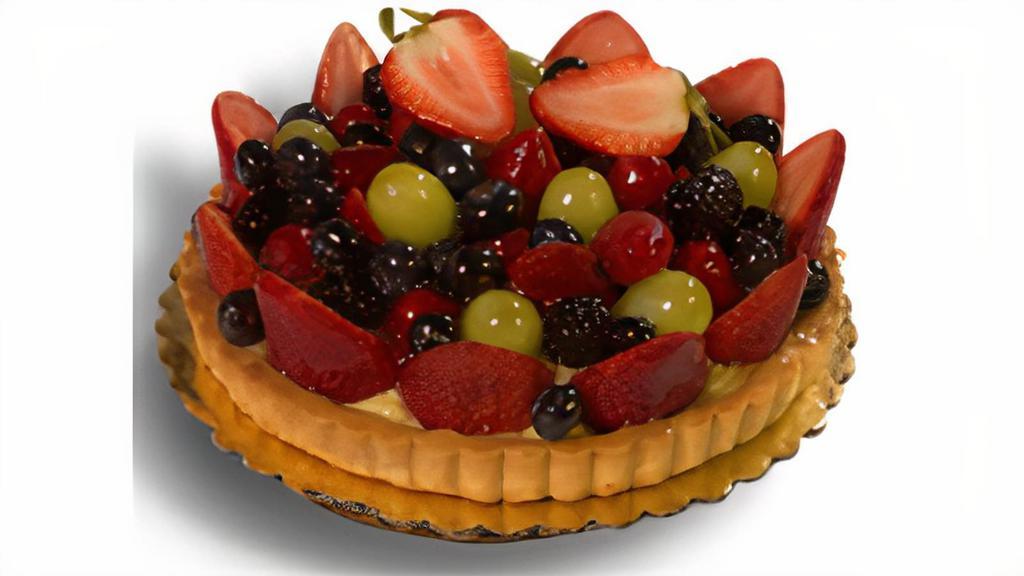 *Fruit Tart · Butter tart shell filled with custard, topped with fresh glazed fruit (We can only write a message on a chocolate heart or white chocolate banner)