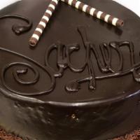 *Sacher Torte · Chocolate cake filled with raspberry jam, covered in chocolate ganache (We can only write a ...