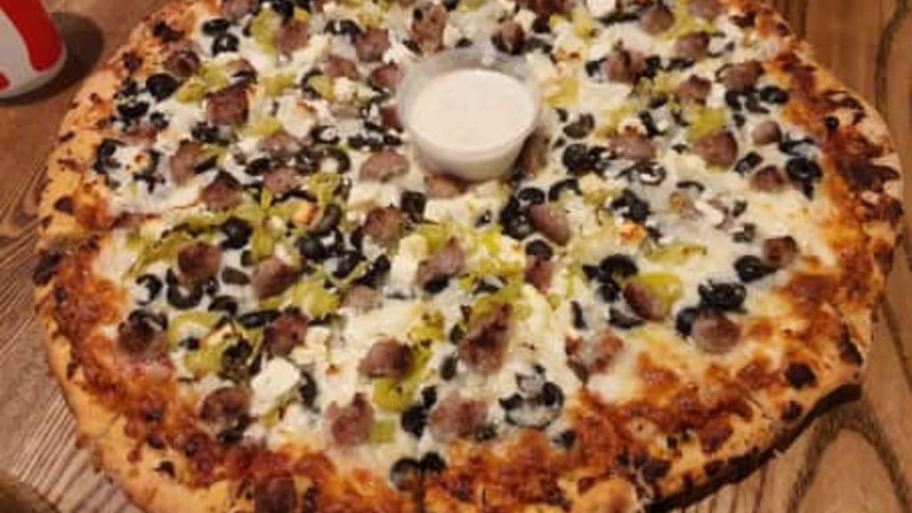 Large Golden Greek · Red Sauce, Yellow Onion, Black Olive, Pepperoncini Peppers, Feta Cheese and Italian Sausage.