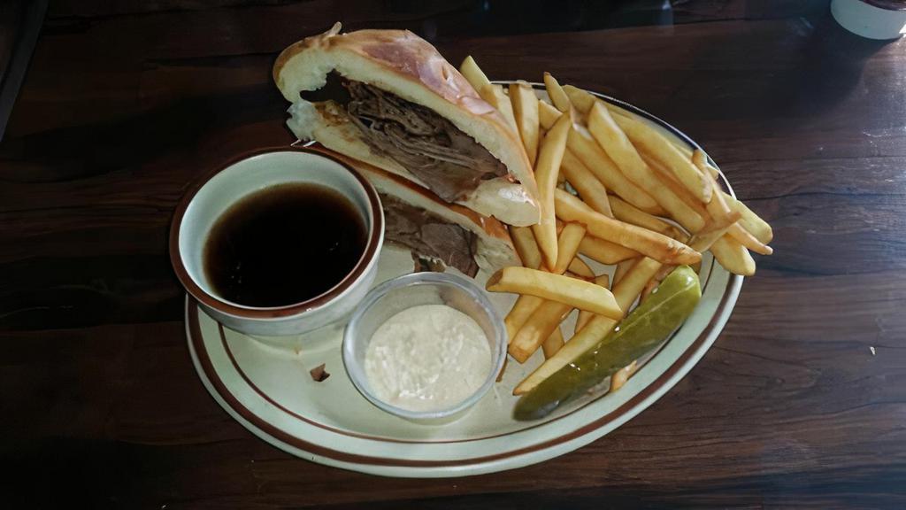French Dip · Roast Beef with Au Jus & Horseradish (On The Side) on a French roll. Served with Pickle Spear (On Side) with Fries or Salad.