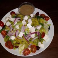 Greek Salad · Garden Mix w/ Kalamata Olives, Pepperoncini, Red Onion, Feta Cheese and Grape Tomato with Fe...