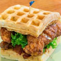 Chicken & Waffles · Classic tenders with bacon, lettuce and tomato on a cheddar and green onion waffle with mapl...