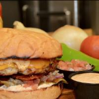 Southwestern Burger · Grilled fresh chicken patty with roasted Hatch chilis, sharp cheddar cheese, honey cured bac...